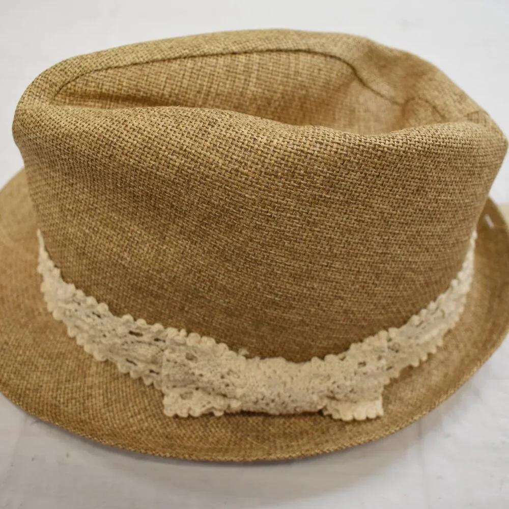 Wilsons Leather Brown Straw Fedora with Cream Lace Band